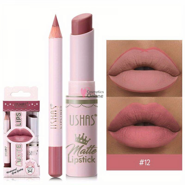 Ruj solid pentru buze 2 in1 USHAS Matte & LipLiner Cod 12 Coral Chic